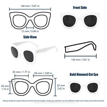 Freckles Mark Thick Fashion Butterfly Sunglasses for Women Trendy Round Cat Eye Sun Glasses (White, 45)