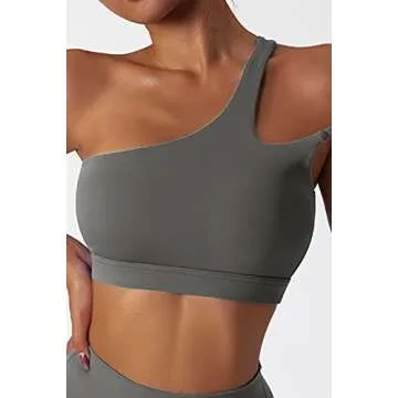 Mulisky One Shoulder Sports Bra for Women Sexy Cut Out Back Yoga Bra with Removable Cups Grey S