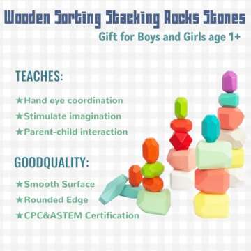 WOODENFUN 48 PCS Wooden Sorting Stacking Rocks Stones,Sensory Toddler Toys Learning Montessori STEM Toys, Building Blocks Game for Kids 3-6 Years Boy and Girl Birthday Gifts for Kids