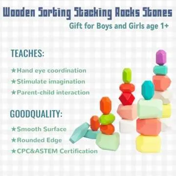WOODENFUN 48 PCS Wooden Sorting Stacking Rocks Stones,Sensory Toddler Toys Learning Montessori STEM Toys, Building Blocks Game for Kids 3-6 Years Boy and Girl Birthday Gifts for Kids