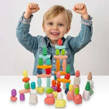 WOODENFUN 48 PCS Wooden Sorting Stacking Rocks Stones,Sensory Toddler Toys Learning Montessori STEM Toys, Building Blocks Game for Kids 3-6 Years Boy and Girl Birthday Gifts for Kids