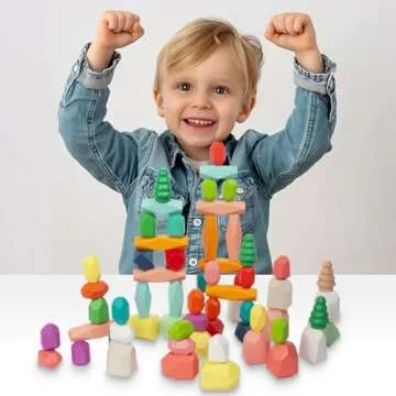 WOODENFUN 48 PCS Wooden Sorting Stacking Rocks Stones,Sensory Toddler Toys Learning Montessori STEM Toys, Building Blocks Game for Kids 3-6 Years Boy and Girl Birthday Gifts for Kids