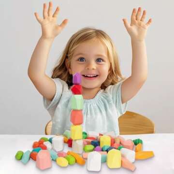 WOODENFUN 48 PCS Wooden Sorting Stacking Rocks Stones,Sensory Toddler Toys Learning Montessori STEM Toys, Building Blocks Game for Kids 3-6 Years Boy and Girl Birthday Gifts for Kids