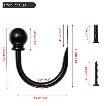 Sumnacon Set of 2 Metal Decorative Curtain Holdbacks, Wall Mounted Window Drapery Tiebacks for Bedroom, Livingroom, Office Come with Screws, Black