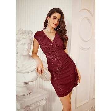 GRACE KARIN Women Sequin Bodycon Dress Wrap V-Neck Sexy Glitter Party Night Club Mini Dress Wine S