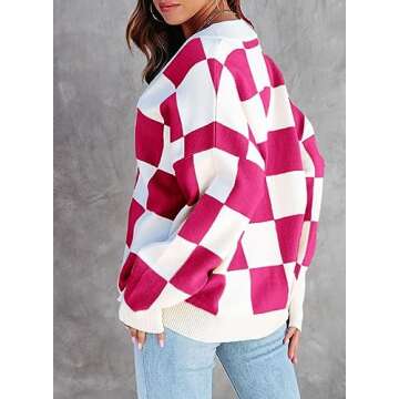 Dokotoo Cardigan for Women Lightweight Oversized Fashion 2024 Fall V Neck Checkered Winter Cozy Button Down Long Sleeve Cable Knit Cardigan Sweaters Coat Outerwear Plaid Jacket Rose L