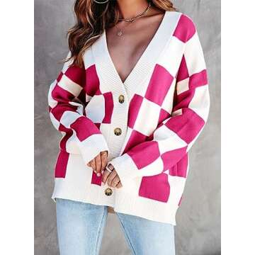 Dokotoo Cardigan for Women Lightweight Oversized Fashion 2024 Fall V Neck Checkered Winter Cozy Button Down Long Sleeve Cable Knit Cardigan Sweaters Coat Outerwear Plaid Jacket Rose L