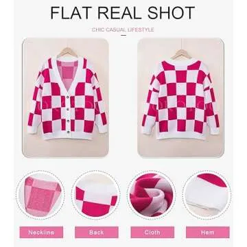 Dokotoo Cardigan for Women Lightweight Oversized Fashion 2024 Fall V Neck Checkered Winter Cozy Button Down Long Sleeve Cable Knit Cardigan Sweaters Coat Outerwear Plaid Jacket Rose L