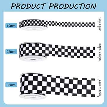 Cunno 3 Rolls Black Grosgrain Ribbon White Checkered Printed Ribbon Racing Car Theme Printed Checkered Plaid Buffalo for DIY Crafts Wreath Party, 0.4, 0.87, 1.5 Inch Wide, 15 Yard