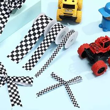 Cunno 3 Rolls Black Grosgrain Ribbon White Checkered Printed Ribbon Racing Car Theme Printed Checkered Plaid Buffalo for DIY Crafts Wreath Party, 0.4, 0.87, 1.5 Inch Wide, 15 Yard