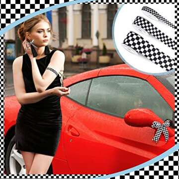 Cunno 3 Rolls Black Grosgrain Ribbon White Checkered Printed Ribbon Racing Car Theme Printed Checkered Plaid Buffalo for DIY Crafts Wreath Party, 0.4, 0.87, 1.5 Inch Wide, 15 Yard