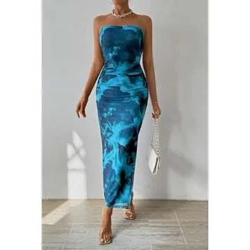 PRETTYGARDEN Women's Summer Maxi Bodycon Dresses Strapless Tube Top Printed Long Party Club Slit Dress (Print Lake Blue,Small)