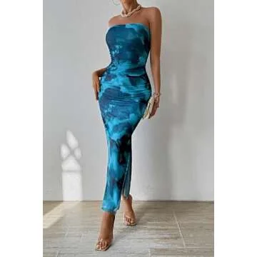 PRETTYGARDEN Women's Summer Maxi Bodycon Dresses Strapless Tube Top Printed Long Party Club Slit Dress (Print Lake Blue,Small)