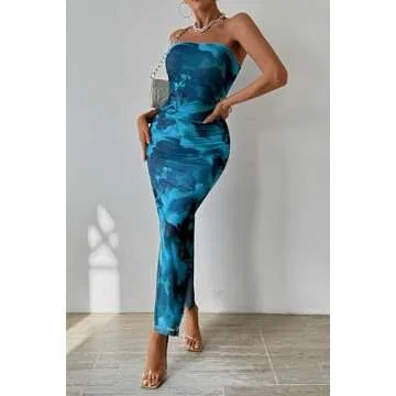 PRETTYGARDEN Women's Summer Maxi Bodycon Dresses Strapless Tube Top Printed Long Party Club Slit Dress (Print Lake Blue,Small)