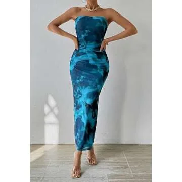 PRETTYGARDEN Women's Summer Maxi Bodycon Dresses Strapless Tube Top Printed Long Party Club Slit Dress (Print Lake Blue,Small)