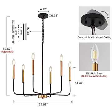 ONESMING Modern Black and Gold Chandelier for Dining Room,Metal 6-Light Kitchen Light Fixtures,Farmhouse Candle Hanging Pendant Lights for Living Room Entryway Foyer Bedroom (Bulb Not Included)