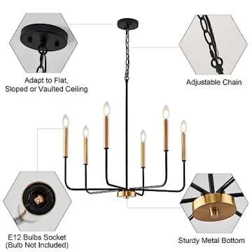 ONESMING Modern Black and Gold Chandelier for Dining Room,Metal 6-Light Kitchen Light Fixtures,Farmhouse Candle Hanging Pendant Lights for Living Room Entryway Foyer Bedroom (Bulb Not Included)