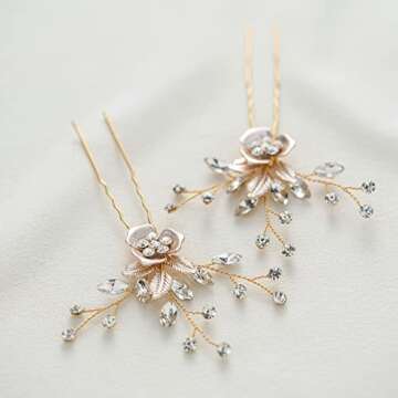 SWEETV 2Pcs Wedding Hair Pins Bridal Rhinestone Wedding Hair Accessories Hair Pieces for Brides Bridesmaid,Rose Gold