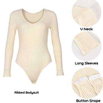 GEMBERA Women's Deep V Neck Long Sleeve Bodysuit Ribbed Knit Bodycon Thong Bodysuit Tops White Cream L