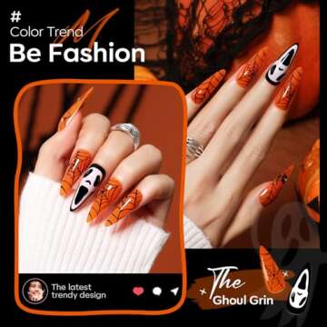 Modelones 30Pcs Halloween Press on Nails Almond, Fall Black Pumpkin Luminous Long Fake Nails, Reusab...