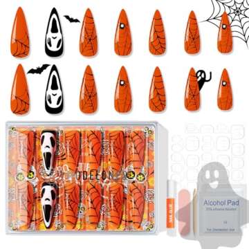 Modelones 30Pcs Halloween Press on Nails Almond, Fall Black Pumpkin Luminous Long Fake Nails, Reusable Nail Kit with Nail Glue Adhesive Tabs Nail File, Nails Press Ons 15 Sizes
