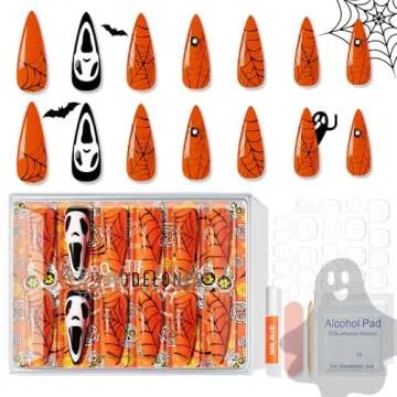 Modelones 30Pcs Halloween Press on Nails Almond, Fall Black Pumpkin Luminous Long Fake Nails, Reusable Nail Kit with Nail Glue Adhesive Tabs Nail File, Nails Press Ons 15 Sizes