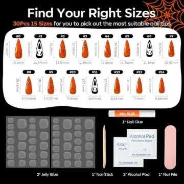 Modelones 30Pcs Halloween Press on Nails Almond, Fall Black Pumpkin Luminous Long Fake Nails, Reusable Nail Kit with Nail Glue Adhesive Tabs Nail File, Nails Press Ons 15 Sizes