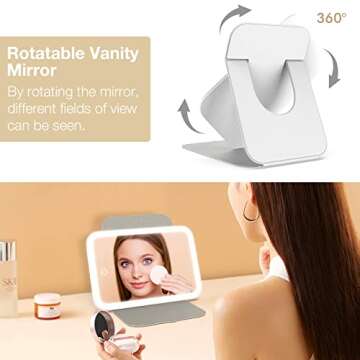 Kintion Travel Makeup Mirror, Portable LED Lighted Makeup Mirror, 360° Rotation Touch Screen Vanity Mirror, 60 LEDs, 3-Color Dimmable Lighting, Rechargeable Tabletop Folding Cosmetic Mirror, White