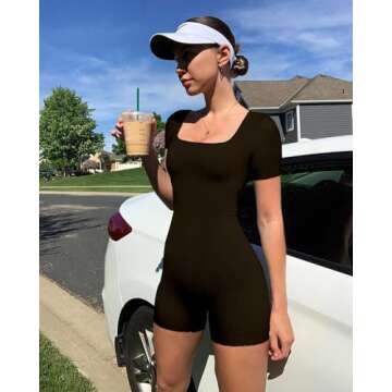 YIOIOIO Women's Short Sleeve Yoga Romper Seamless Ribbed Workout One Piece Square Neck Jumpsuit