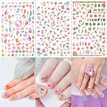 Konsait Mixed Nail Stickers Decals (1200+Designs), Flower Animal/Fruit/Mermaid 3D Nail Art Stickers Self-Adhesive Nail Tips Decorations for Women Girls Kids Birthday Party Favor Gift Bags Filler
