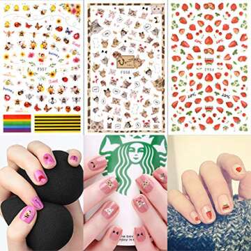 Konsait Mixed Nail Stickers Decals (1200+Designs), Flower Animal/Fruit/Mermaid 3D Nail Art Stickers Self-Adhesive Nail Tips Decorations for Women Girls Kids Birthday Party Favor Gift Bags Filler