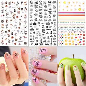 Konsait Mixed Nail Stickers Decals (1200+Designs), Flower Animal/Fruit/Mermaid 3D Nail Art Stickers Self-Adhesive Nail Tips Decorations for Women Girls Kids Birthday Party Favor Gift Bags Filler