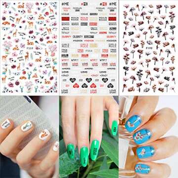 Konsait Mixed Nail Stickers Decals (1200+Designs), Flower Animal/Fruit/Mermaid 3D Nail Art Stickers Self-Adhesive Nail Tips Decorations for Women Girls Kids Birthday Party Favor Gift Bags Filler