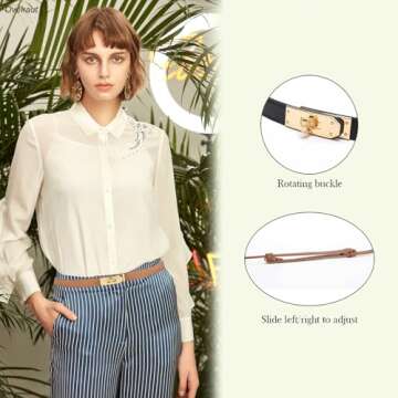 Ovekaut Women Skinny Leather Belt,Solid Color Alloy Turn Lock Adjustable Belt,Ideal for Dresses Jeans Coats Belt (Shallow Khaki/Gold)