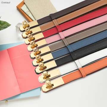 Ovekaut Women Skinny Leather Belt,Solid Color Alloy Turn Lock Adjustable Belt,Ideal for Dresses Jeans Coats Belt (Shallow Khaki/Gold)