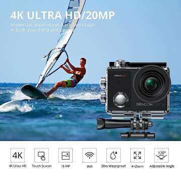 Dragon Touch 4K Underwater HD Action Camera, Vision 3 Pro Touch Screen 20MP 100FT Waterproof Video C...