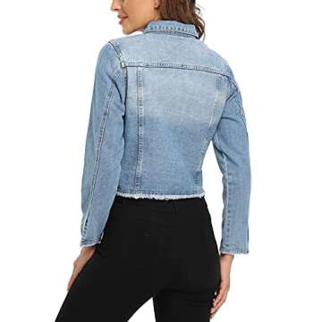 MISS MOLY Jean Jacket Women’s Frayed Washed Button Up Cropped Denim Jacket w 2 Side Pockets