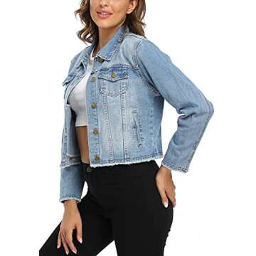 MISS MOLY Jean Jacket Women’s Frayed Washed Button Up Cropped Denim Jacket w 2 Side Pockets
