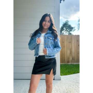 MISS MOLY Jean Jacket Women’s Frayed Washed Button Up Cropped Denim Jacket w 2 Side Pockets