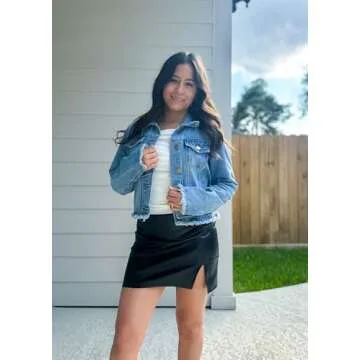 MISS MOLY Jean Jacket Women’s Frayed Washed Button Up Cropped Denim Jacket w 2 Side Pockets