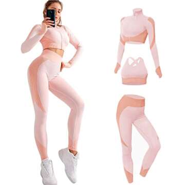 Veriliss Women's 3pcs Seamless Outfits Workout Sets,Gym Clothes Yoga Sportswear Leggings and Stretch Sports Bra Gym jumpsuits Clothes Set (Pink, S)