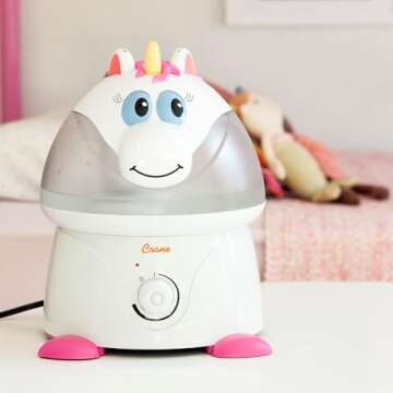 Crane Adorables Ultrasonic Humidifiers for Bedroom and Baby Nursery, 1 Gallon Cool Mist Air Humidifier for Large Room or Kid's Room, Humidifier Filters Optional, Unicorn
