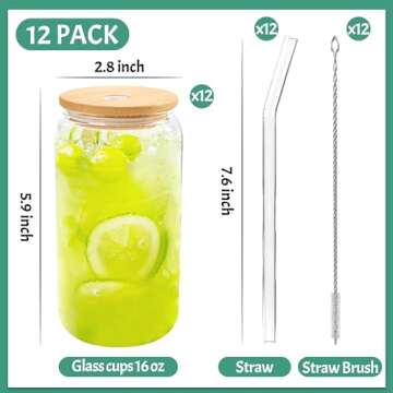 Joyclub 12 Set Glass Cups with Bamboo Lids and Straws