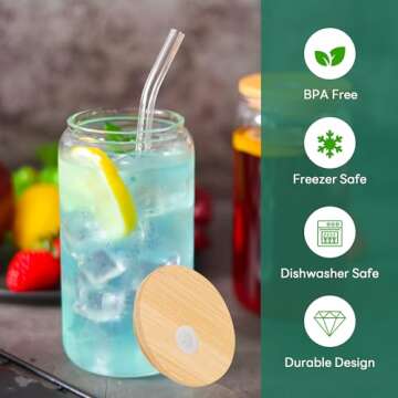 Joyclub 12 Set Glass Cups with Bamboo Lids and Straws