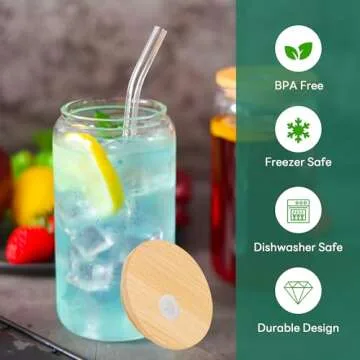 Joyclub 12 Set Glass Cups with Bamboo Lids and Straws