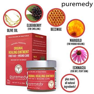 Puremedy Original Healing Ointment All Natural First Aid Salve for Wounds, Burns, Cuts, Bug Bites, Bed Sores, Itching, Swelling - Safe for Adults & Kids, FSA - 1 oz