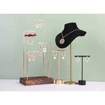GemeShou Gold Metal Single Pair T Bar Earring Retail Display Stand for show, Tabletop Jewelry Tower Holder for Girl Women【Gold-Round Base Height 5.3"】