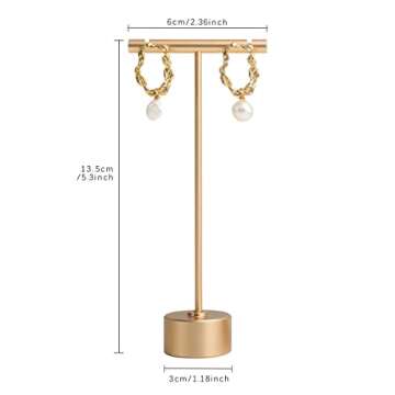 GemeShou Gold Metal Single Pair T Bar Earring Retail Display Stand for show, Tabletop Jewelry Tower Holder for Girl Women【Gold-Round Base Height 5.3"】