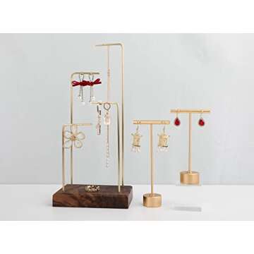 GemeShou Gold Metal Single Pair T Bar Earring Retail Display Stand for show, Tabletop Jewelry Tower Holder for Girl Women【Gold-Round Base Height 5.3"】