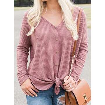 MIHOLL Womens Loose Blouse Long Sleeve V Neck Button Down T Shirts Tie Front Knot Casual Tops (Small, Z- Red)